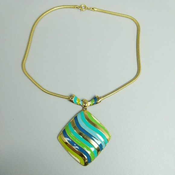 Vintage Blue Green Enamel Square Large Pendant Necklace, Gold Tone Setting - Picture 3 of 7